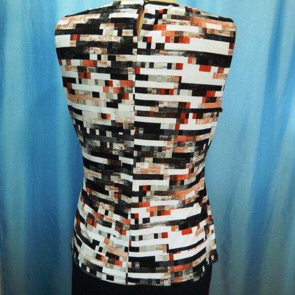 Calvin Klein Red/Black/White Geometric Pleat Neck Sleeveless Career Top Lg EUC - Picture 3 of 11